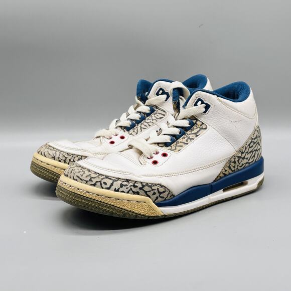 Nike Shoes Youth 4.5 White Blue Leather Air Jordan 3 Retro Basketball Sneakers - Picture 3 of 11